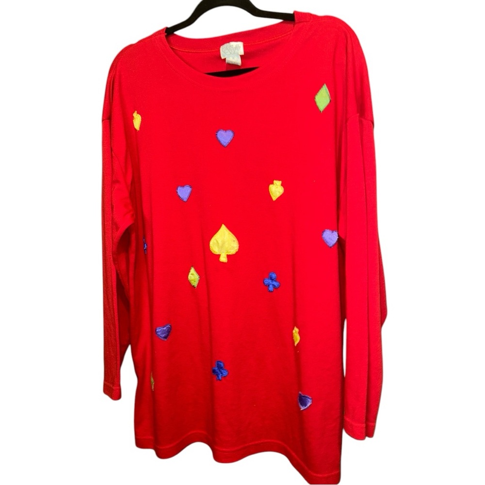 Red Casino Card Sweater Top Women 1X Cowl Neck Long Sleeve Vegas Poker Theme